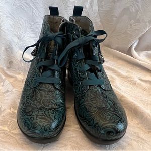 Alegria ELI-425 Boots~Green & Black Tooled Leather! Size 39 US 9-9.5